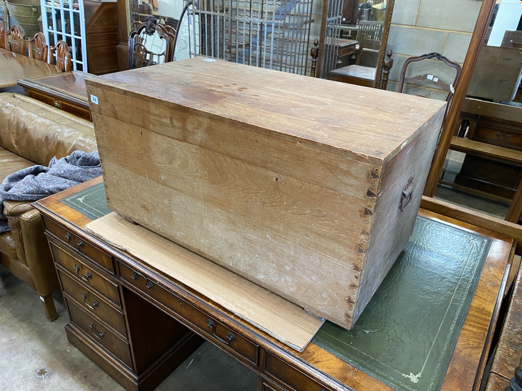 A late Victorian teak trunk (tin lined), width 91cm, depth 51cm, height 47cm.